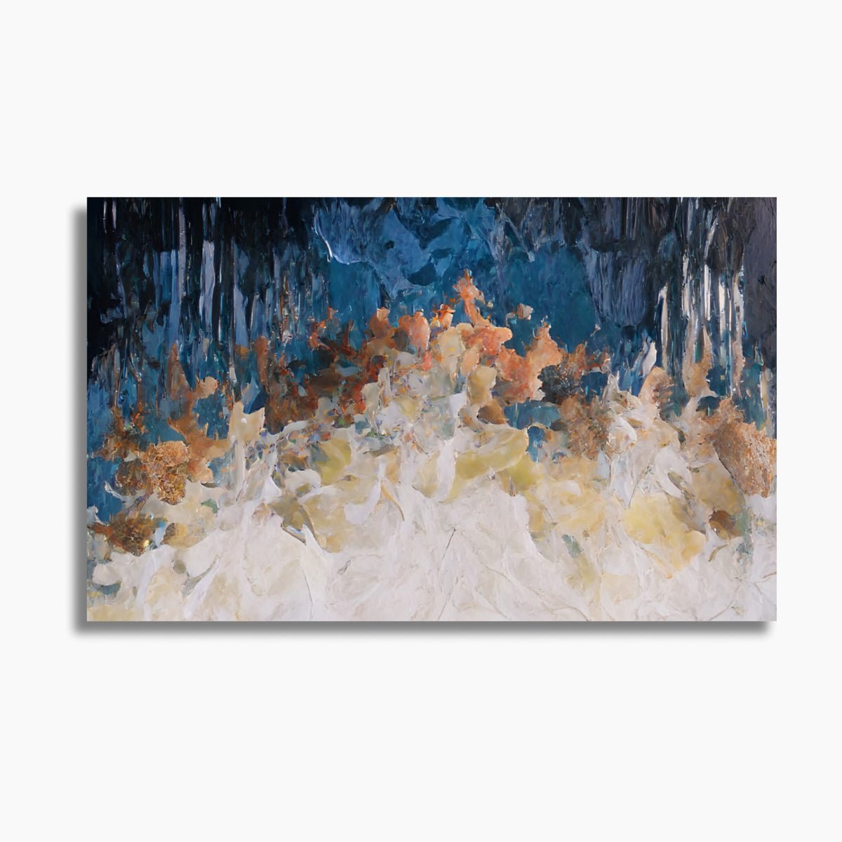 Limited edition abstract art print featuring soft blues and yellows, evoking the ocean's gentle rhythm.