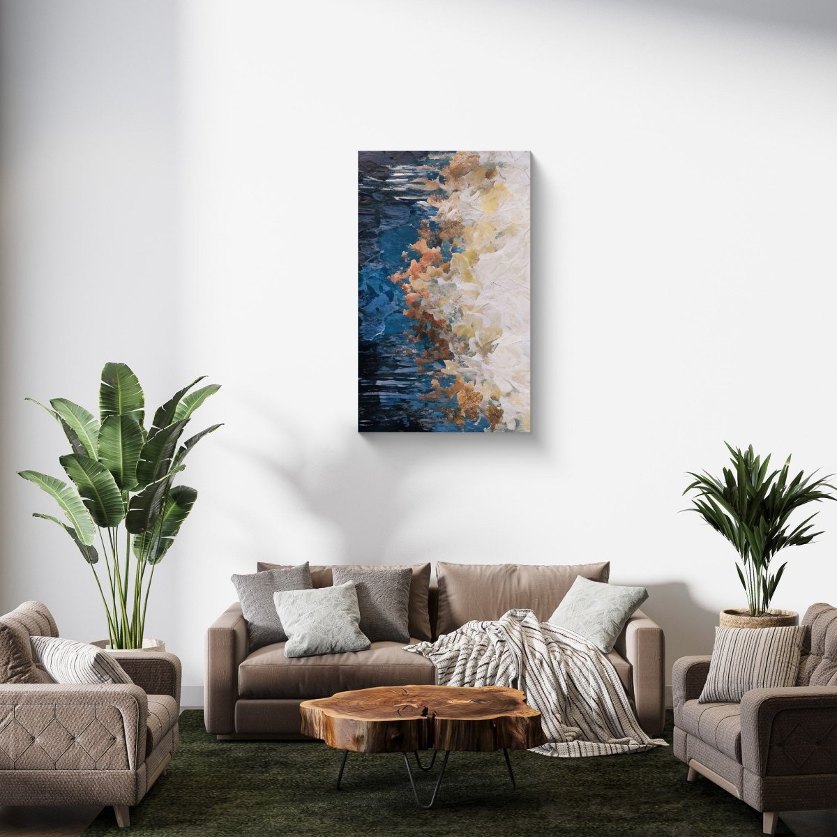 Limited edition abstract art print featuring soft blues and yellows, evoking the ocean's gentle rhythm.