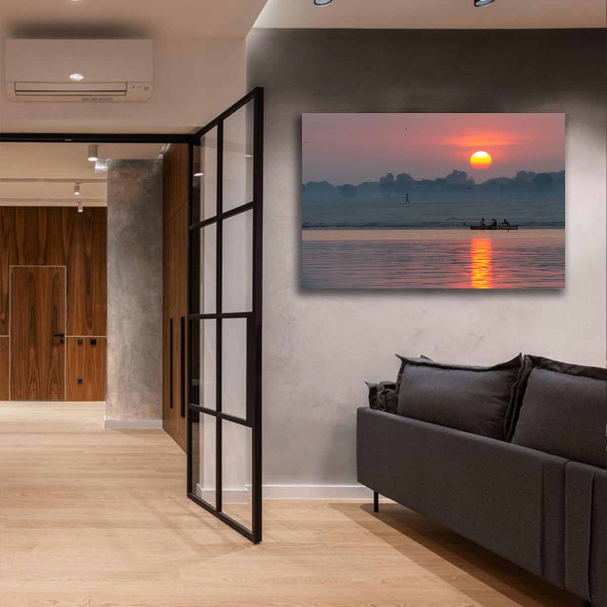 Sunrise over the Ganges River in Varanasi, India — boat gliding through golden morning light, displayed as fine art wall decor in a peaceful interior.