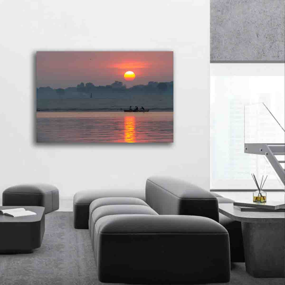 Sunrise over the Ganges River in Varanasi, India — boat gliding through golden morning light, displayed as fine art wall decor in a peaceful interior.