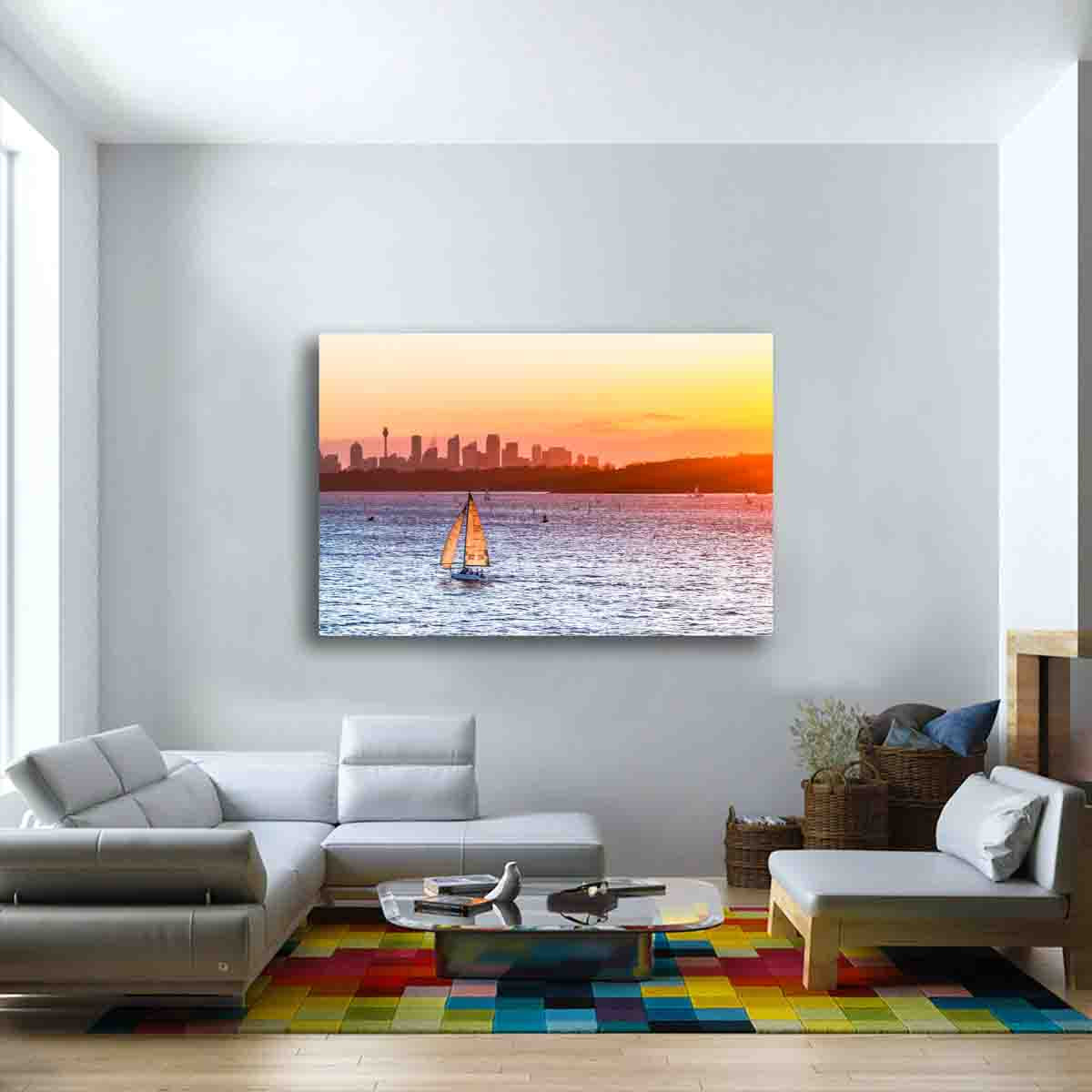 Harbour Hues fine art print of Sydney Harbour, displayed in a modern interior with coastal styling and natural light.