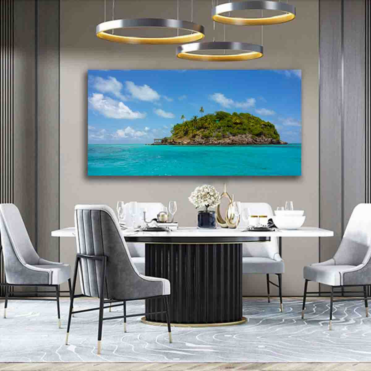 Tropical coastal ocean print displayed in a modern beach-inspired room with warm natural tones and minimalist decor.