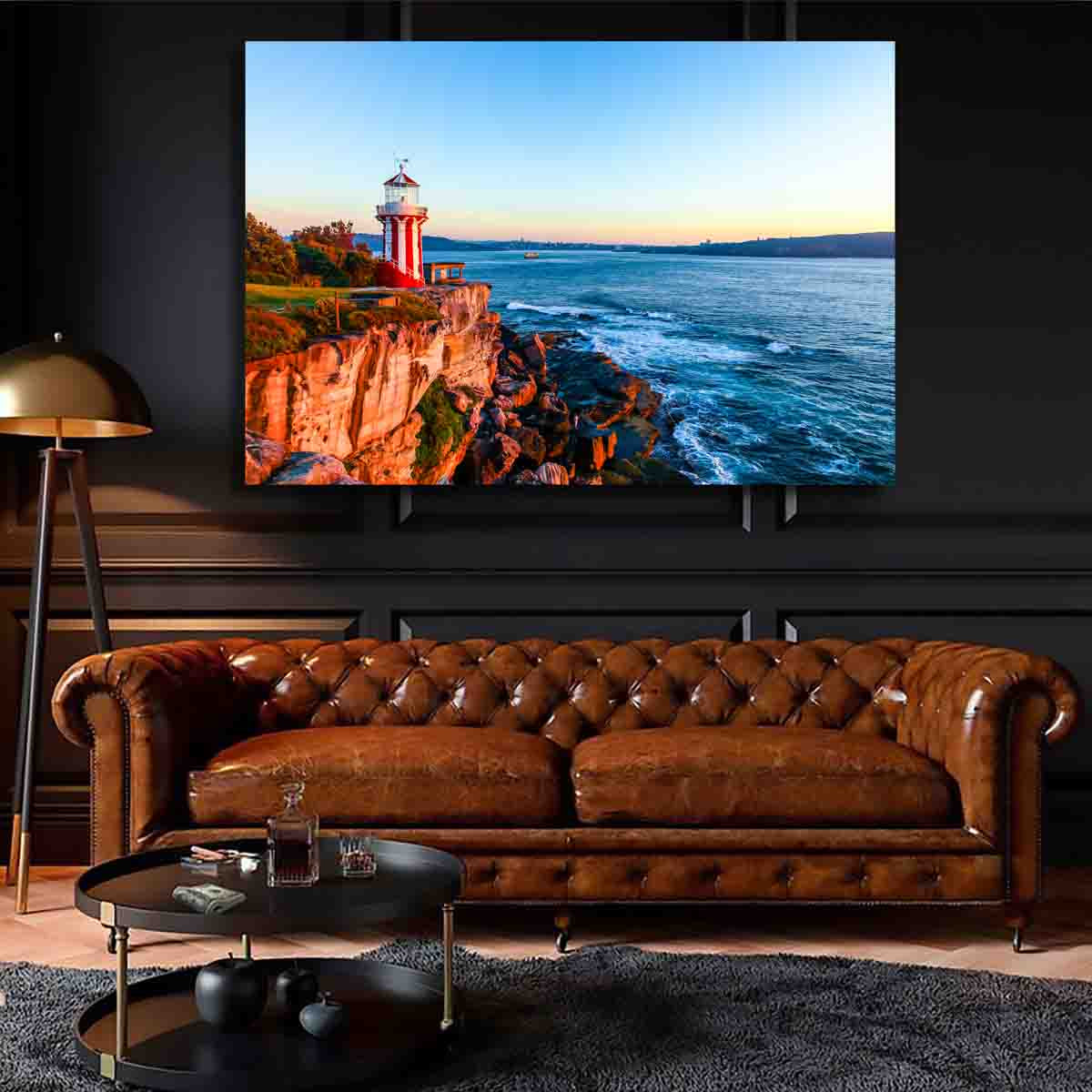 Harbour Sentinel lighthouse wall art from Watsons Bay, Sydney, displayed in a modern coastal interior with natural textures and soft lighting.